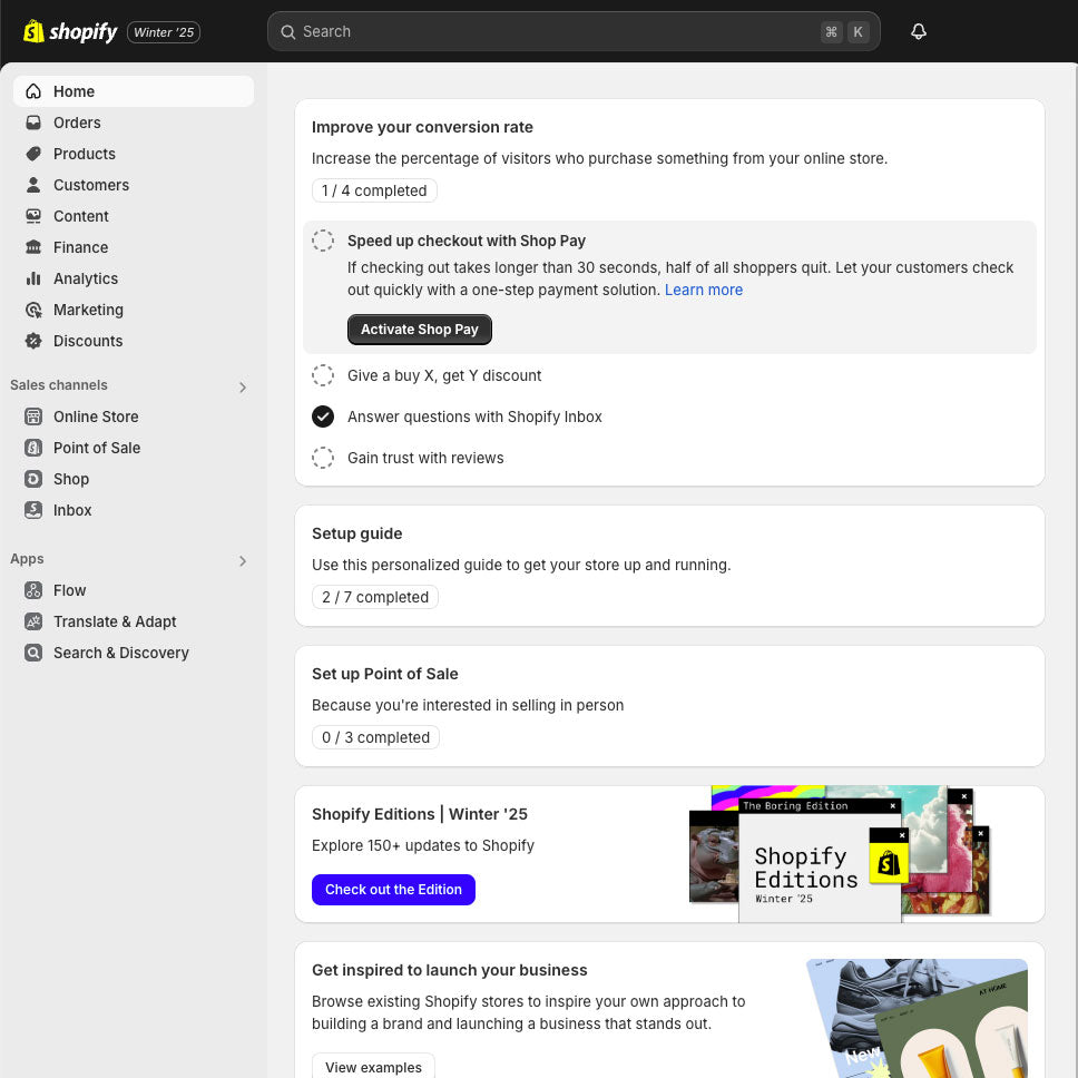 Shopify dashboard