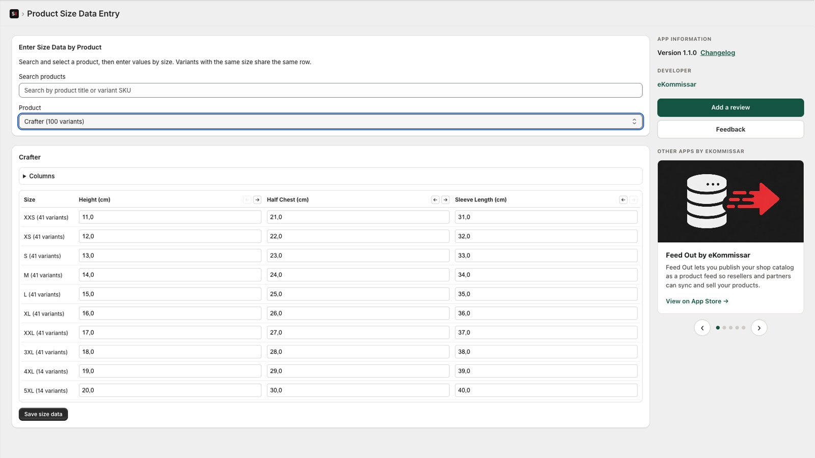 Size Chart Pro - Data entry